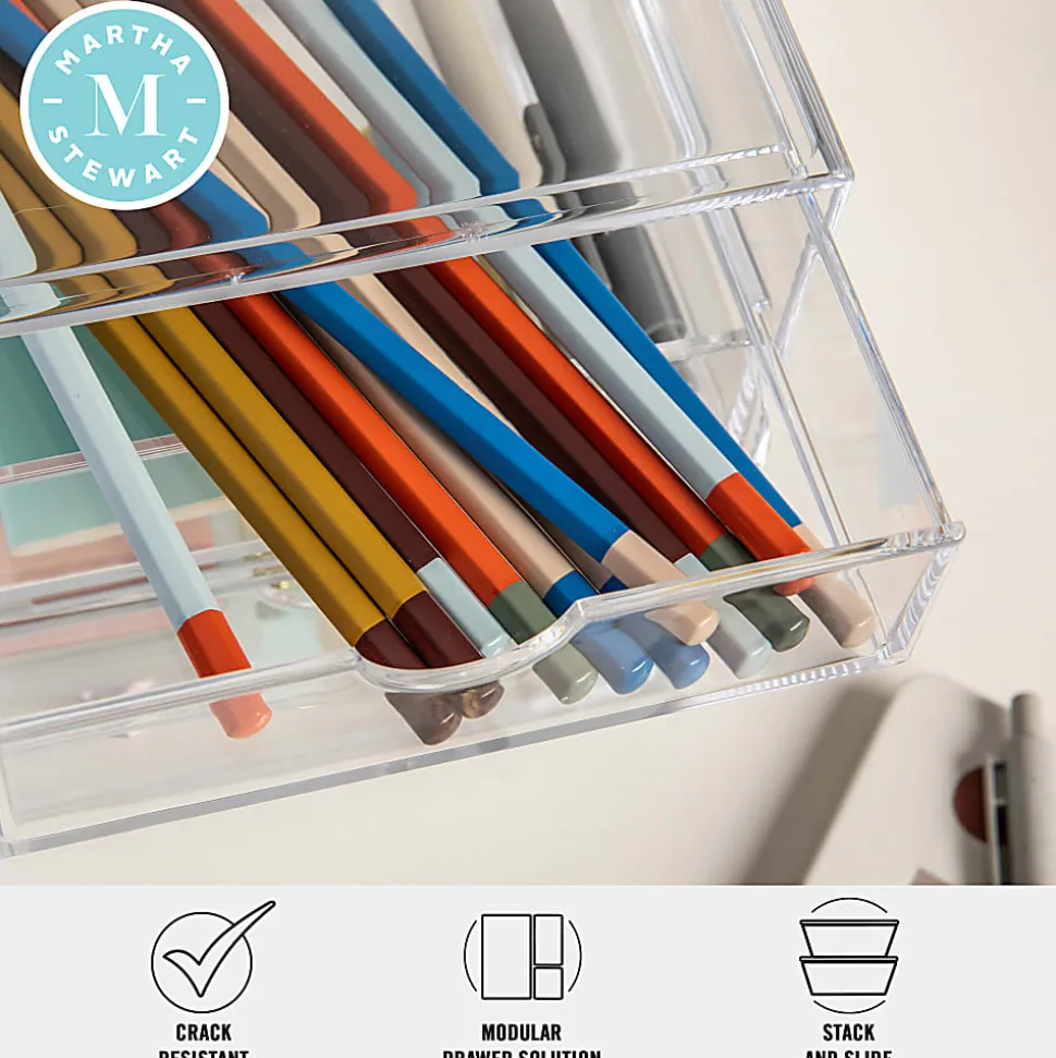 Martha Stewart Brody Plastic Stackable Office Desktop Organizer Boxes With 2 Drawers, 3-1/2"H x 6"W x 7-1/2"D, Clear, Pack Of 2 Boxes