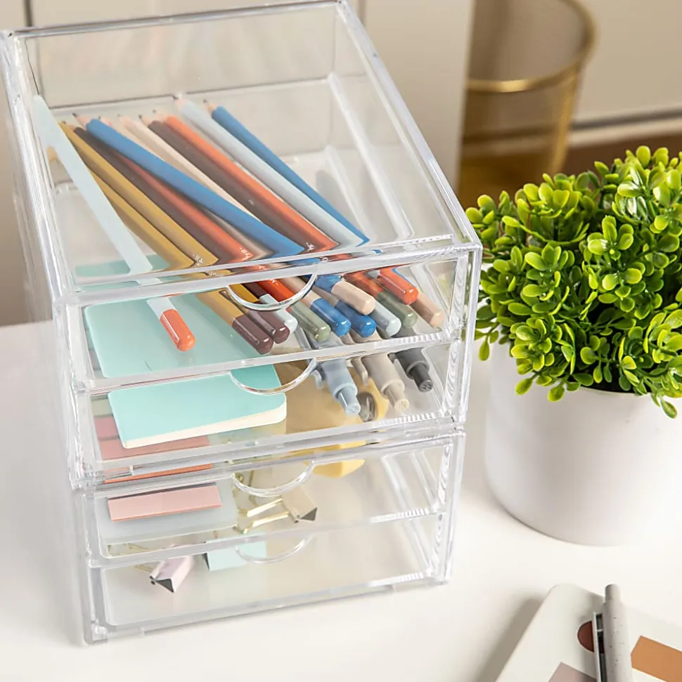 Martha Stewart Brody Plastic Stackable Office Desktop Organizer Boxes With 2 Drawers, 3-1/2"H x 6"W x 7-1/2"D, Clear, Pack Of 2 Boxes