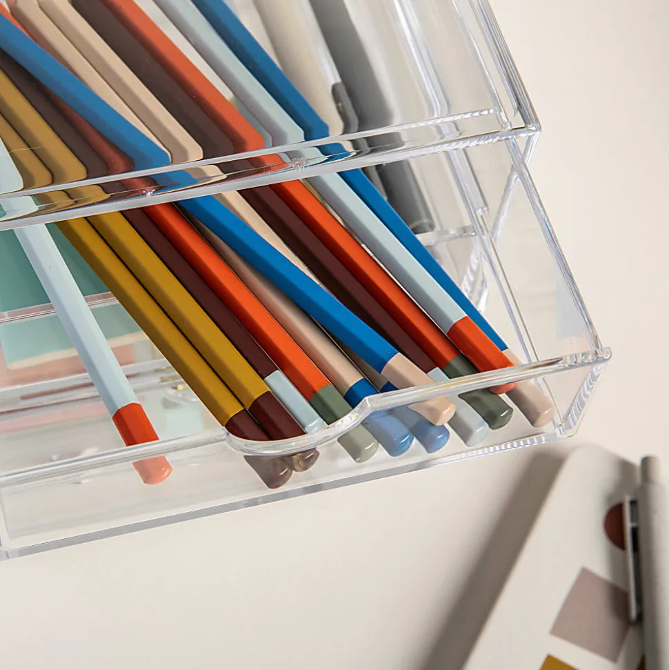 Martha Stewart Brody Plastic Stackable Office Desktop Organizer Boxes With 2 Drawers, 3-1/2"H x 6"W x 7-1/2"D, Clear, Pack Of 2 Boxes