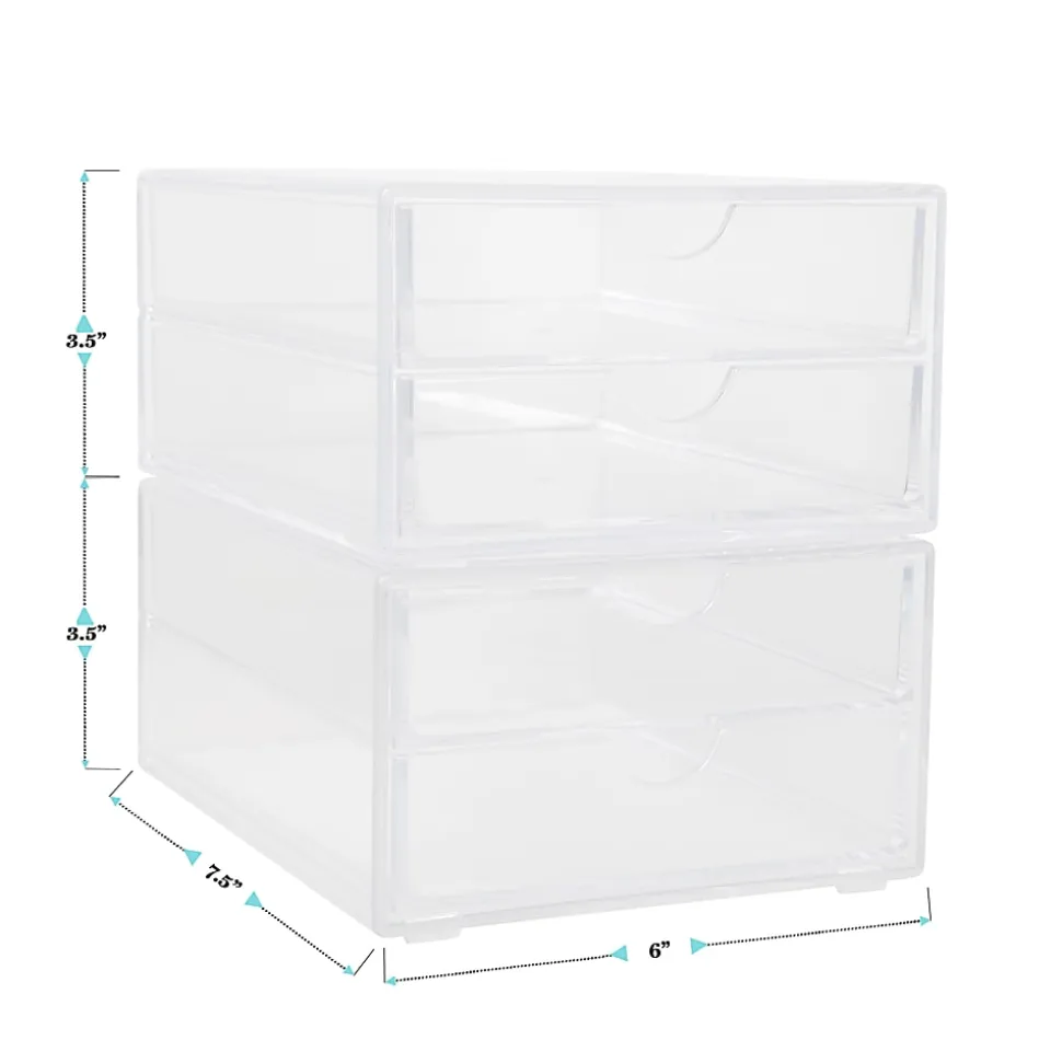 Martha Stewart Brody Plastic Stackable Office Desktop Organizer Boxes With 2 Drawers, 3-1/2"H x 6"W x 7-1/2"D, Clear, Pack Of 2 Boxes