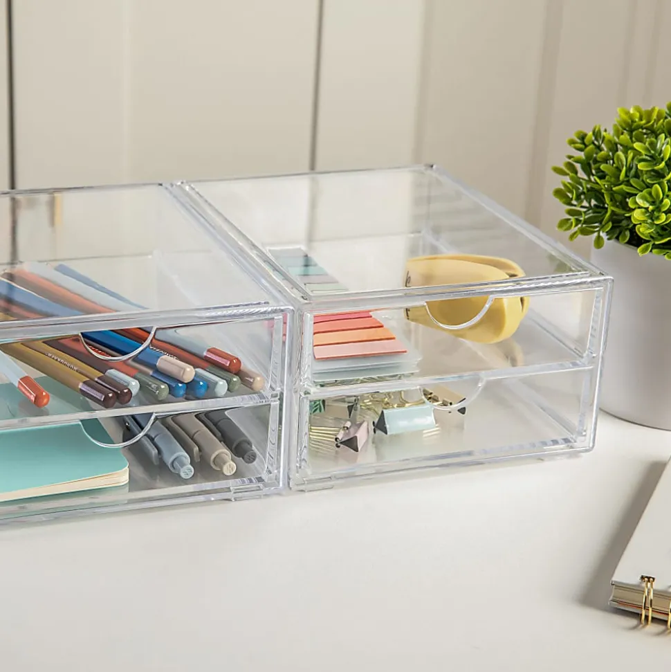 Martha Stewart Brody Plastic Stackable Office Desktop Organizer Boxes With 2 Drawers, 3-1/2"H x 6"W x 7-1/2"D, Clear, Pack Of 2 Boxes