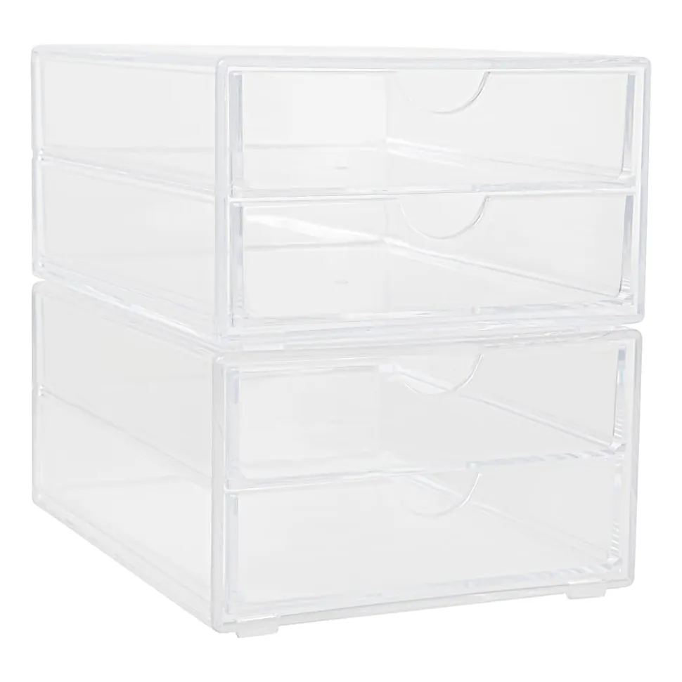 Martha Stewart Brody Plastic Stackable Office Desktop Organizer Boxes With 2 Drawers, 3-1/2"H x 6"W x 7-1/2"D, Clear, Pack Of 2 Boxes