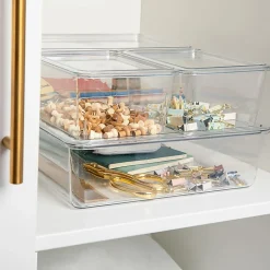 Martha Stewart Brody Stackable Plastic Storage Boxes With Lids, 3-1/4"H x 14"W x 10-1/2"D, Clear, Set Of 4 Boxes