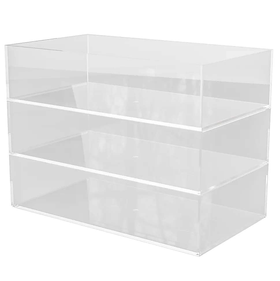 Martha Stewart Brody Stack & Slide Plastic Tray Office Desktop Organizers, 2"H x 3"W x 7-1/2"D, Clear, Pack Of 3 Organizers