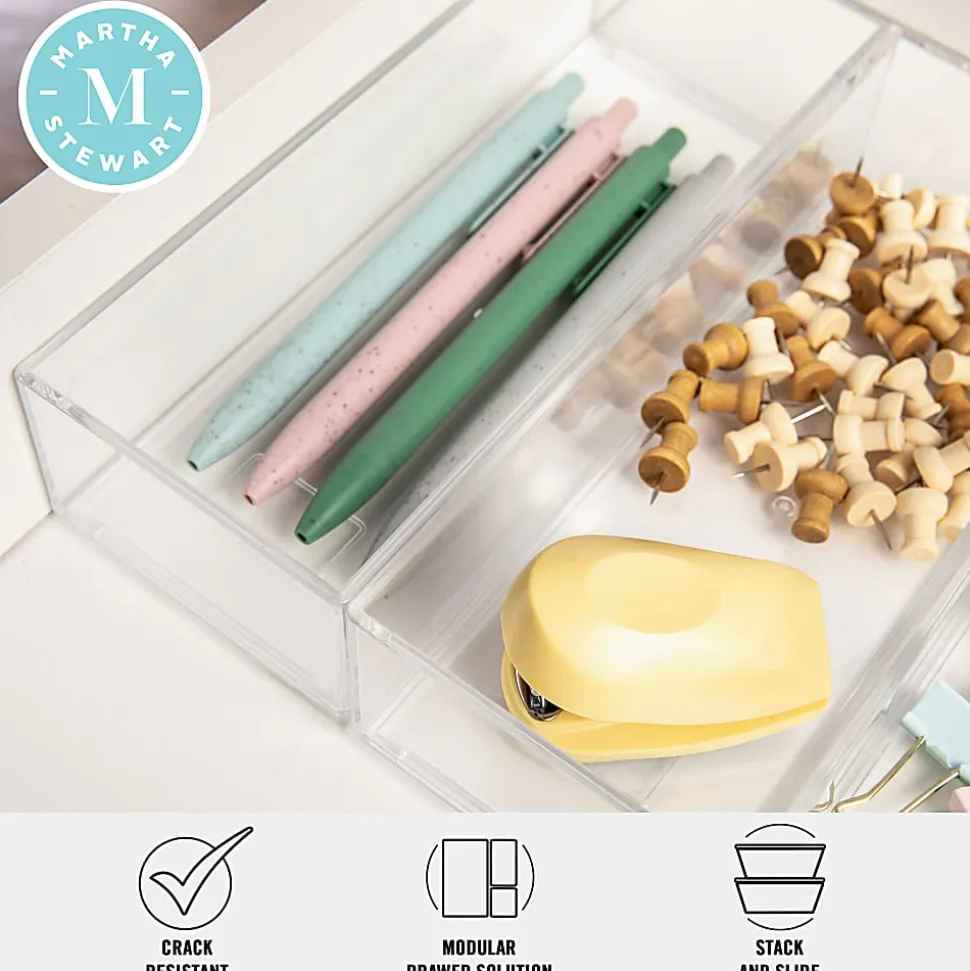 Martha Stewart Brody Stack & Slide Plastic Tray Office Desktop Organizers, 2"H x 3"W x 7-1/2"D, Clear, Pack Of 3 Organizers