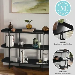 Martha Stewart Emmett 37"H 3-Shelf Storage Display Unit Bookcase With Metal Frame, Black Wood Grain/Oil Rubbed Bronze