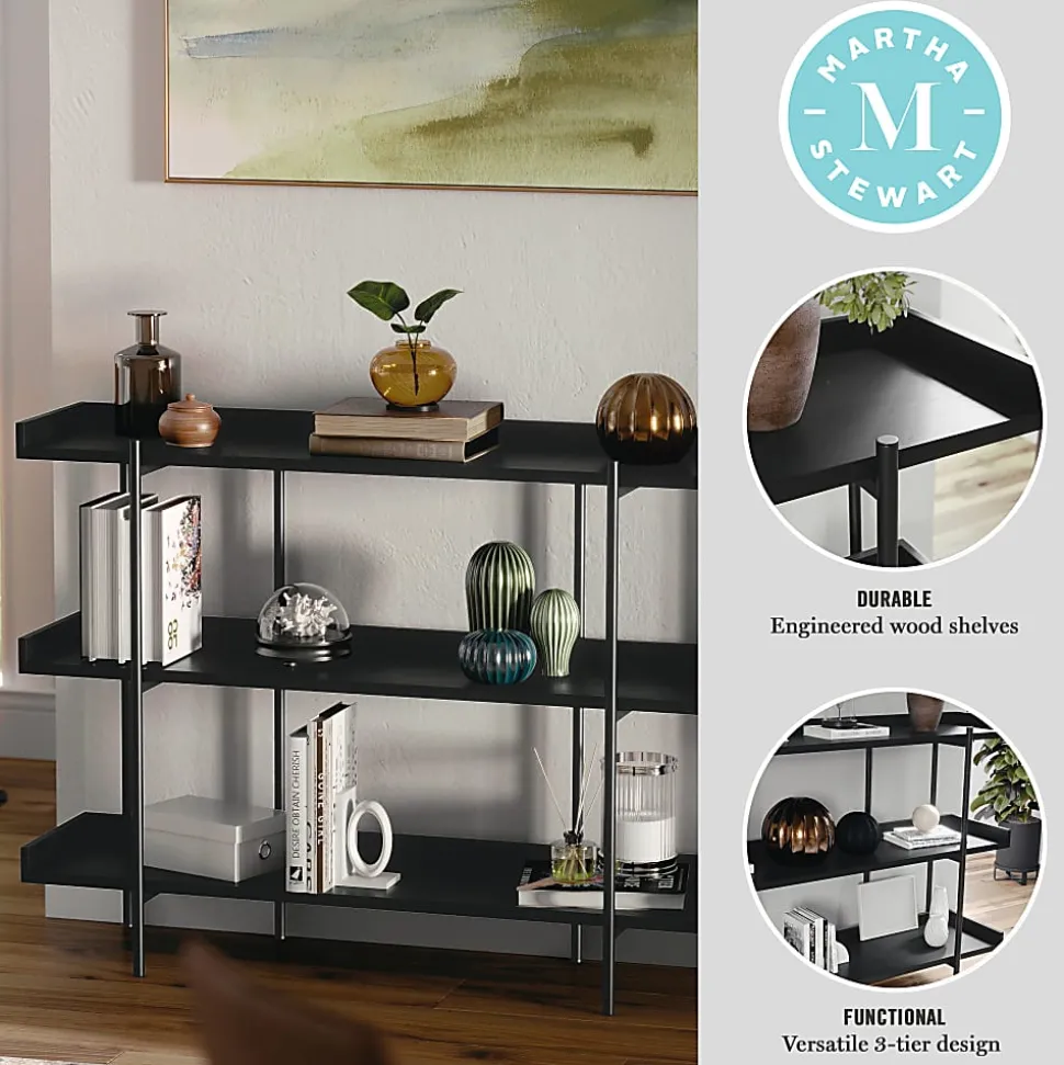 Martha Stewart Emmett 37"H 3-Shelf Storage Display Unit Bookcase With Metal Frame, Black Wood Grain/Oil Rubbed Bronze