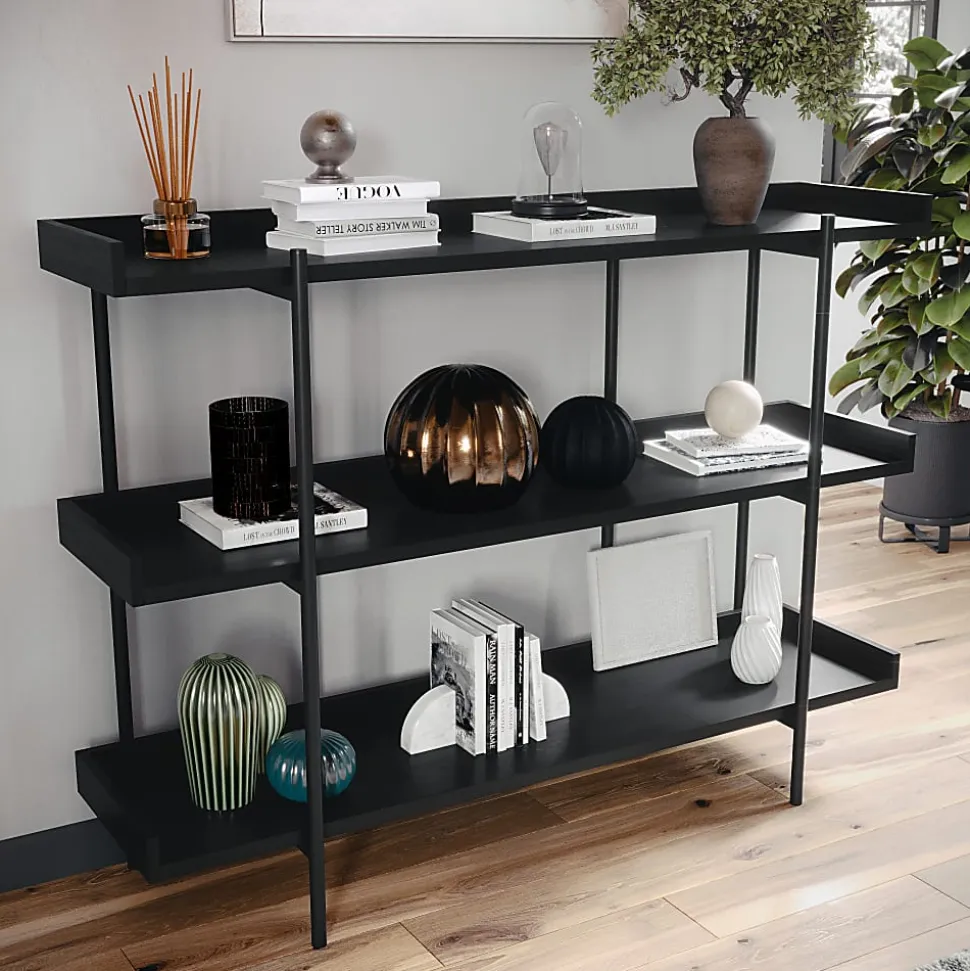 Martha Stewart Emmett 37"H 3-Shelf Storage Display Unit Bookcase With Metal Frame, Black Wood Grain/Oil Rubbed Bronze