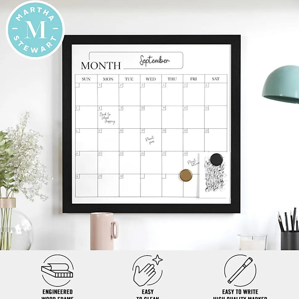 Martha Stewart Everette Magnetic Monthly Calendar Dry-Erase Board, 18" x 18", Black Wood Grain