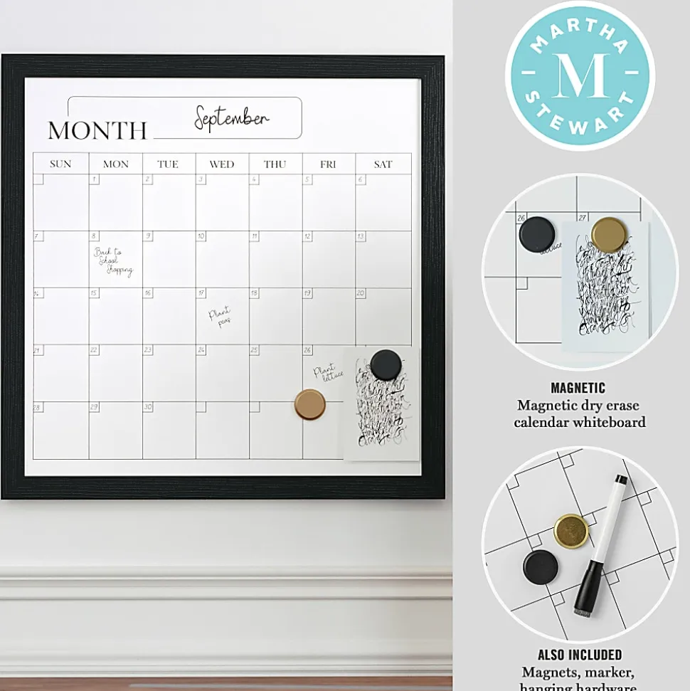 Martha Stewart Everette Magnetic Monthly Calendar Dry-Erase Board, 18" x 18", Black Wood Grain