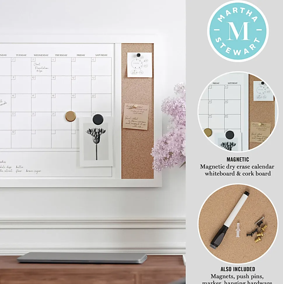 Martha Stewart Everette Magnetic Dry-Erase Monthly Calendar And Cork Board Combo, 18" x 24", White Woodgrain