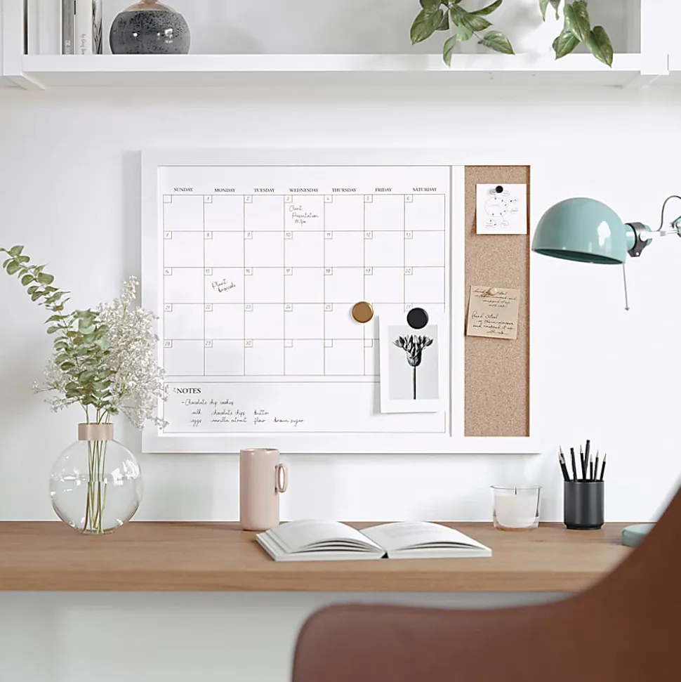 Martha Stewart Everette Magnetic Dry-Erase Monthly Calendar And Cork Board Combo, 18" x 24", White Woodgrain