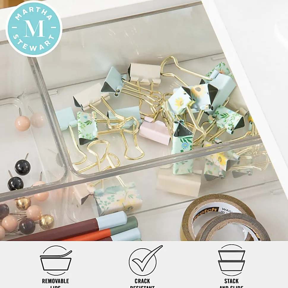 Martha Stewart Grady Stackable Plastic Storage Boxes with Lids, 2-1/2"H x 11"W x 4"D, Clear/Light Natural, Set Of 3 Boxes