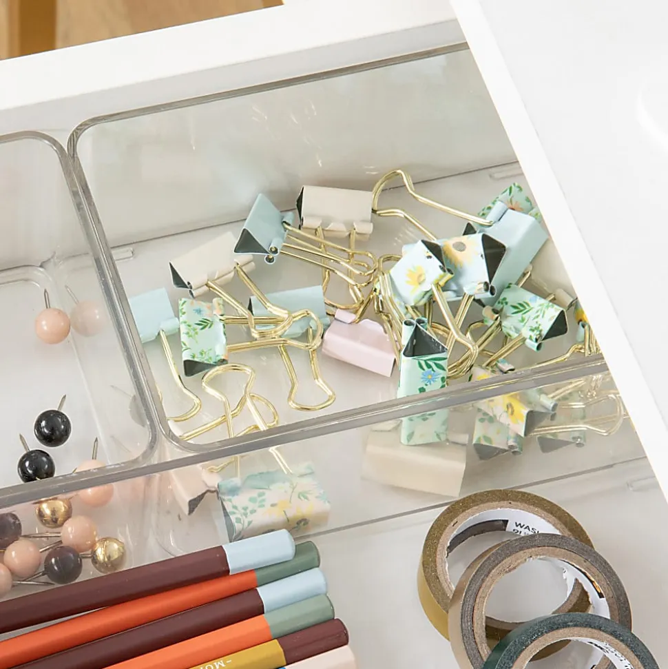 Martha Stewart Grady Stackable Plastic Storage Boxes with Lids, 2-1/2"H x 11"W x 4"D, Clear/Light Natural, Set Of 3 Boxes