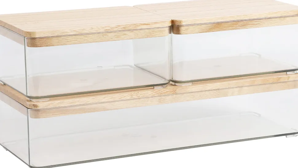 Martha Stewart Grady Stackable Plastic Storage Boxes with Lids, 2-1/2"H x 11"W x 4"D, Clear/Light Natural, Set Of 3 Boxes