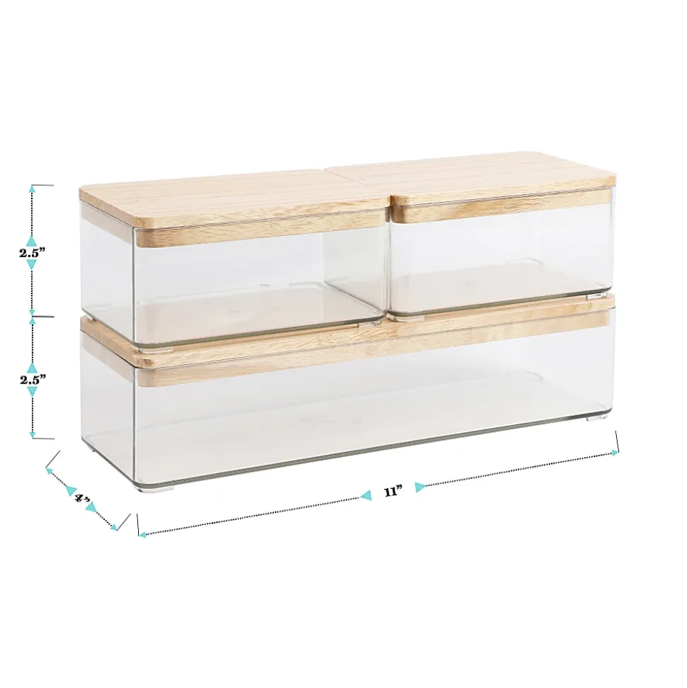 Martha Stewart Grady Stackable Plastic Storage Boxes with Lids, 2-1/2"H x 11"W x 4"D, Clear/Light Natural, Set Of 3 Boxes