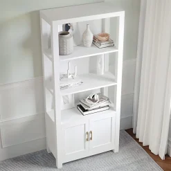 Martha Stewart Hutton 68"H 4-Shelf Shaker Bookcase With Storage Cabinet, White/Polished Brass