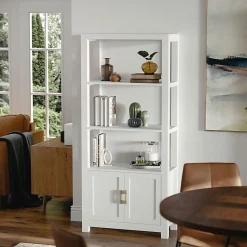 Martha Stewart Hutton 68"H 4-Shelf Shaker Bookcase With Storage Cabinet, White/Polished Brass
