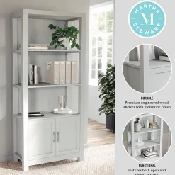 Martha Stewart Hutton 68"H 4-Shelf Shaker Bookcase With Storage Cabinet, Gray/Brushed Nickel