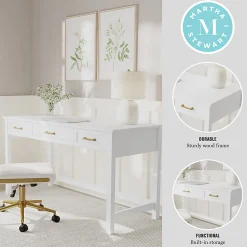Martha Stewart Hutton Shaker Style Home Office 3 Drawer Desk, White Frame/Polished Brass Hardware