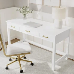 Martha Stewart Hutton Shaker Style Home Office 3 Drawer Desk, White Frame/Polished Brass Hardware
