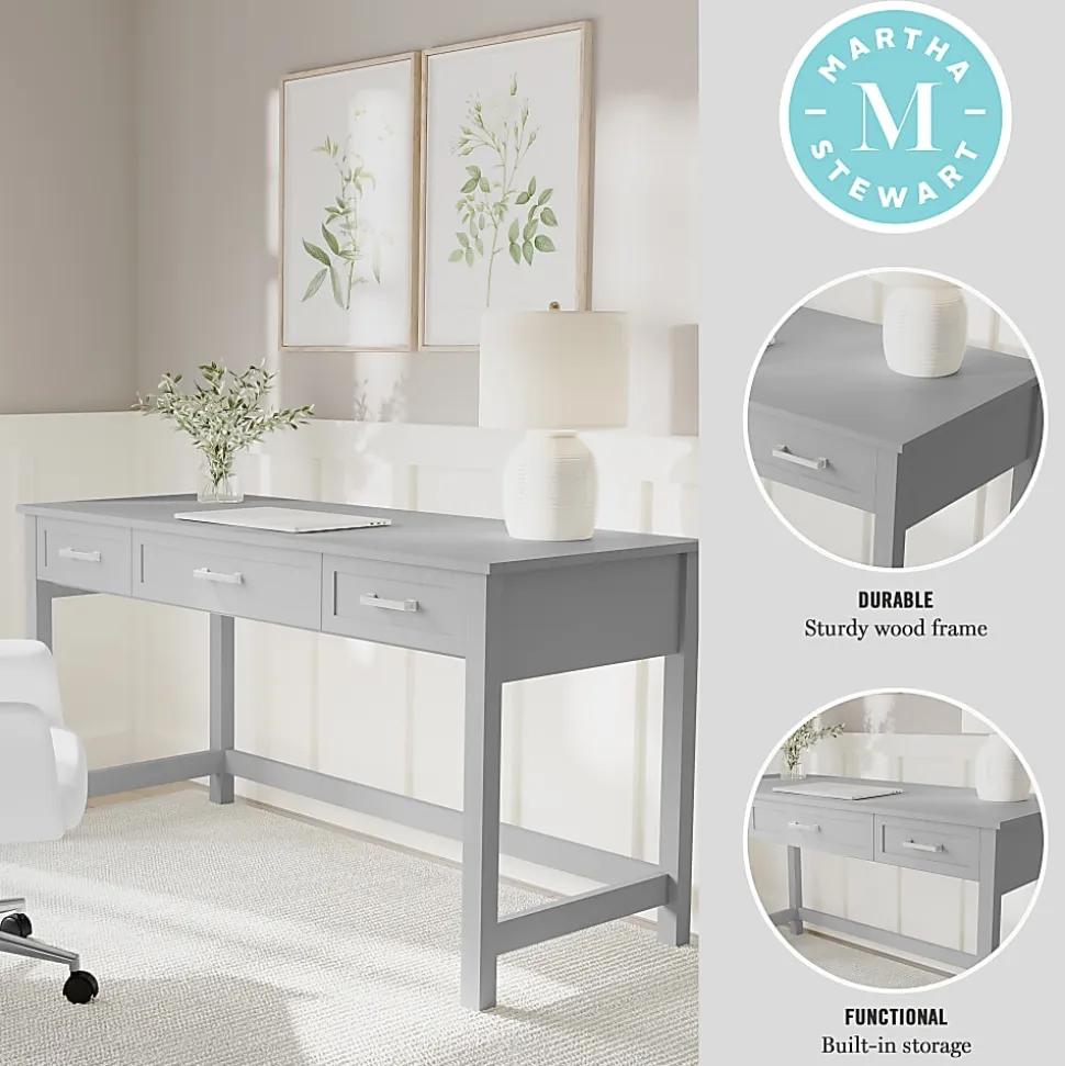 Martha Stewart Hutton Shaker Style Home Office 3 Drawer Desk, Gray Frame/Brushed Nickel Hardware