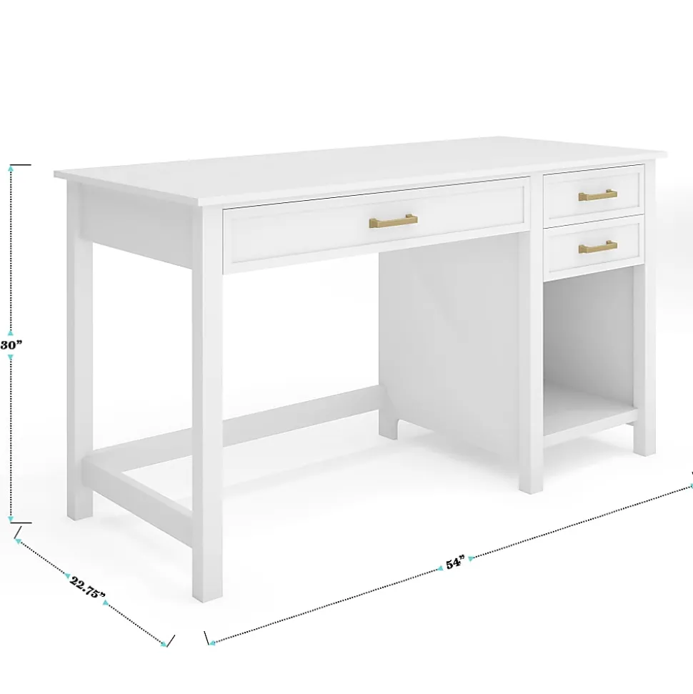 Martha Stewart Hutton Shaker Style Home Office Desk with 2 Side Drawers, White Frame/Polished Brass Hardware