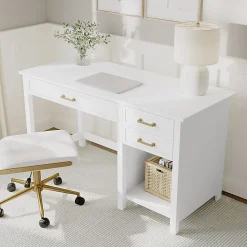 Martha Stewart Hutton Shaker Style Home Office Desk with 2 Side Drawers, White Frame/Polished Brass Hardware