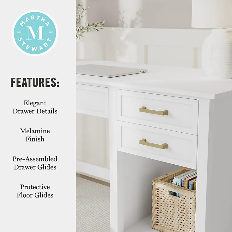 Martha Stewart Hutton Shaker Style Home Office Desk with 2 Side Drawers, White Frame/Polished Brass Hardware