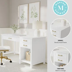 Martha Stewart Hutton Shaker Style Home Office Desk with 2 Side Drawers, White Frame/Polished Brass Hardware