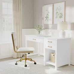Martha Stewart Hutton Shaker Style Home Office Desk with 2 Side Drawers, White Frame/Polished Brass Hardware