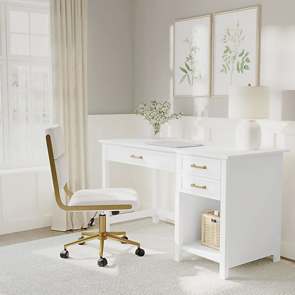 Martha Stewart Hutton Shaker Style Home Office Desk with 2 Side Drawers, White Frame/Polished Brass Hardware