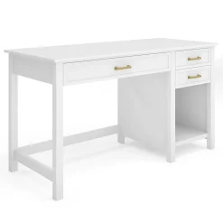 Martha Stewart Hutton Shaker Style Home Office Desk with 2 Side Drawers, White Frame/Polished Brass Hardware