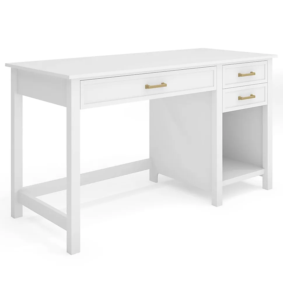 Martha Stewart Hutton Shaker Style Home Office Desk with 2 Side Drawers, White Frame/Polished Brass Hardware