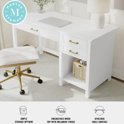 Martha Stewart Hutton Shaker Style Home Office Desk with 2 Side Drawers, White Frame/Polished Brass Hardware