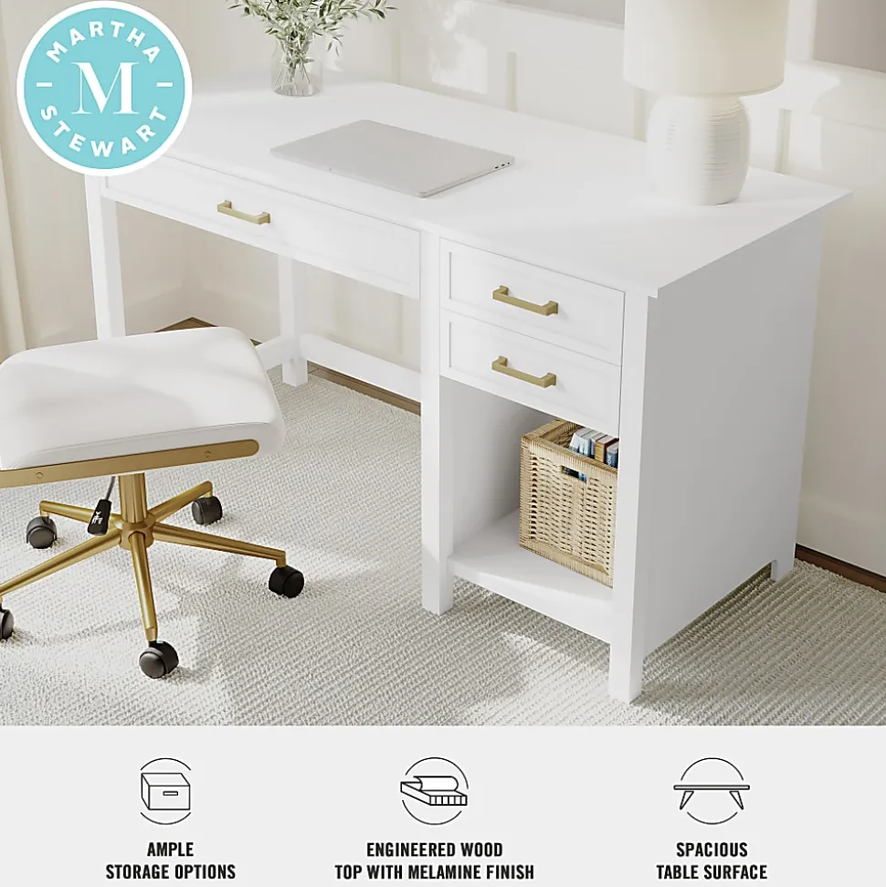 Martha Stewart Hutton Shaker Style Home Office Desk with 2 Side Drawers, White Frame/Polished Brass Hardware