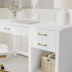 Martha Stewart Hutton Shaker Style Home Office Desk with 2 Side Drawers, White Frame/Polished Brass Hardware