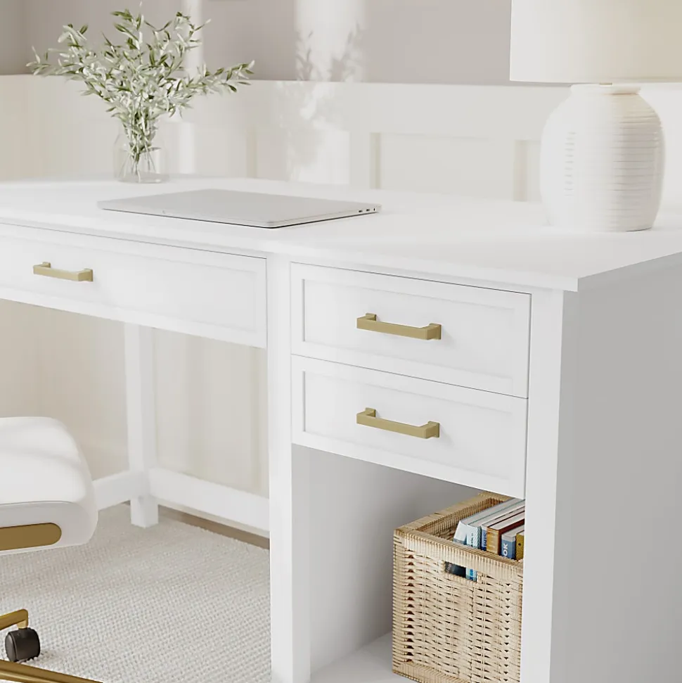 Martha Stewart Hutton Shaker Style Home Office Desk with 2 Side Drawers, White Frame/Polished Brass Hardware
