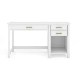 Martha Stewart Hutton Shaker Style Home Office Desk with 2 Side Drawers, White Frame/Polished Brass Hardware