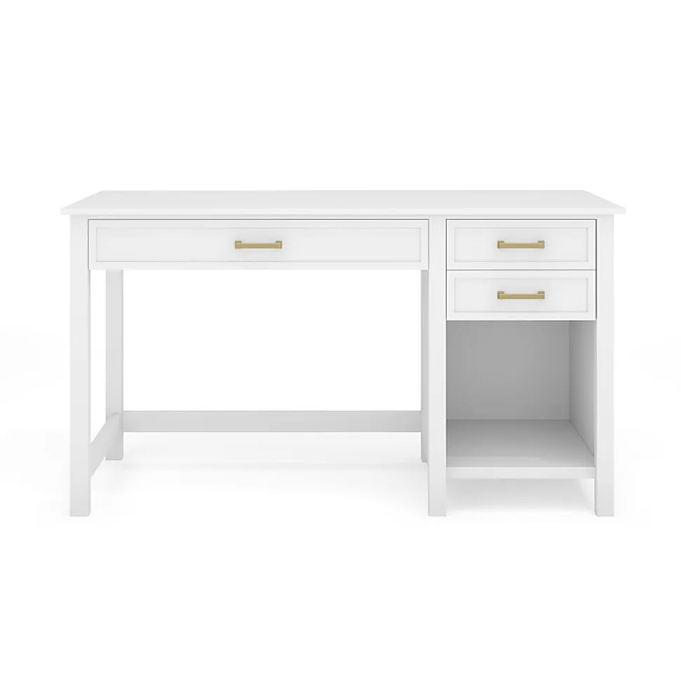 Martha Stewart Hutton Shaker Style Home Office Desk with 2 Side Drawers, White Frame/Polished Brass Hardware
