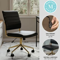 Martha Stewart Ivy Faux Leather Upholstered Mid-Back Executive Office Chair, Black/Polished Brass