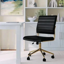 Martha Stewart Ivy Faux Leather Upholstered Mid-Back Executive Office Chair, Black/Polished Brass