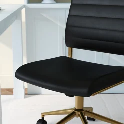 Martha Stewart Ivy Faux Leather Upholstered Mid-Back Executive Office Chair, Black/Polished Brass