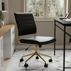 Martha Stewart Ivy Faux Leather Upholstered Mid-Back Executive Office Chair, Black/Polished Brass
