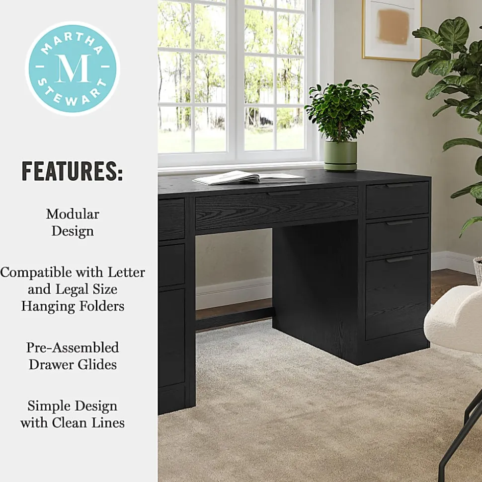 Martha Stewart Kayden Home Office Modular Single-Drawer Desk with Dual 3 Drawer File Cabinets, Black