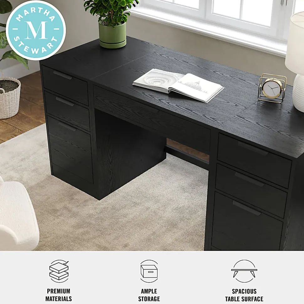 Martha Stewart Kayden Home Office Modular Single-Drawer Desk with Dual 3 Drawer File Cabinets, Black