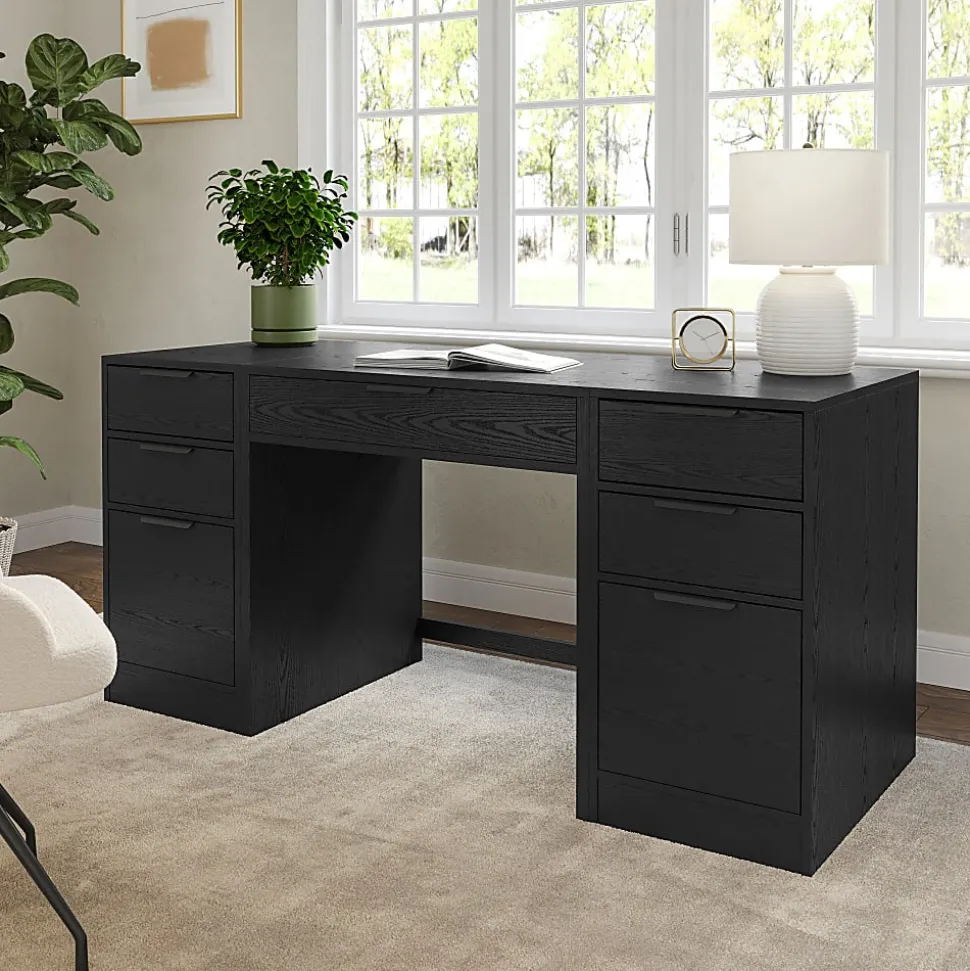 Martha Stewart Kayden Home Office Modular Single-Drawer Desk with Dual 3 Drawer File Cabinets, Black