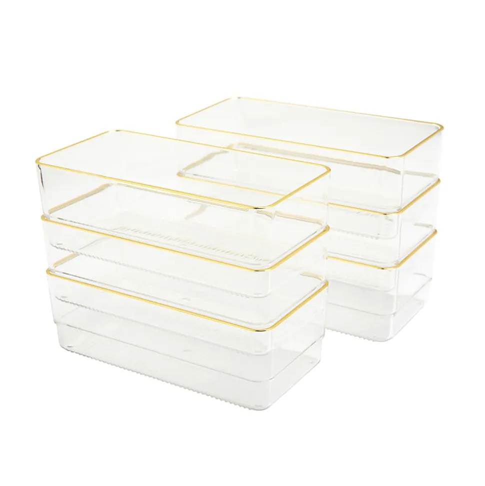 Martha Stewart Kerry Plastic Stackable Office Desk Drawer Organizers, 2"H x 3"W x 6"D, Clear/Gold Trim, Pack Of 6 Organizers