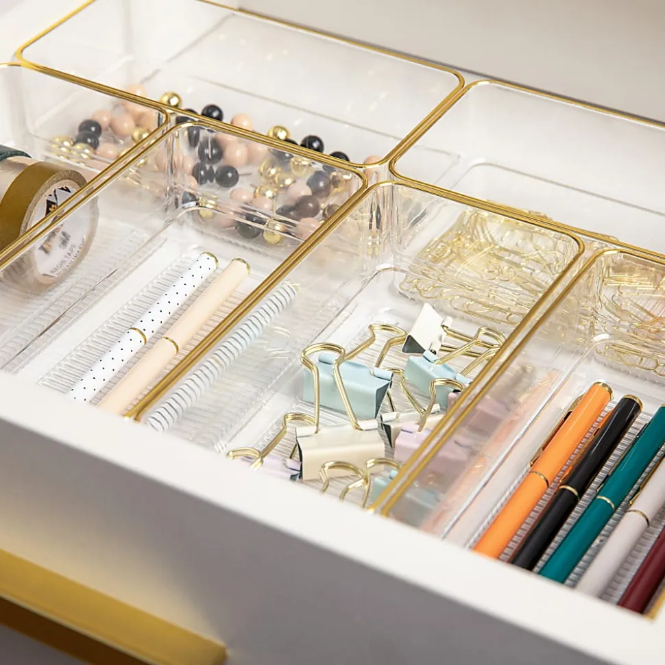 Martha Stewart Kerry Plastic Stackable Office Desk Drawer Organizers, 2"H x 3"W x 6"D, Clear/Gold Trim, Pack Of 6 Organizers
