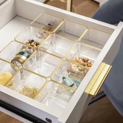 Martha Stewart Kerry Plastic Stackable Office Desk Drawer Organizers, 2"H x 3"W x 3"D, Clear/Gold Trim, Pack Of 12 Organizers